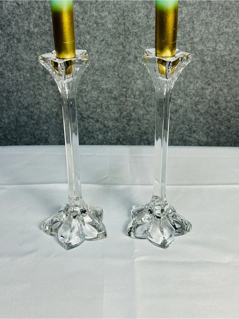 Crystal Petal Tapered 9” Candlestick Holders Mid-Century Table Top Decor 1970-80